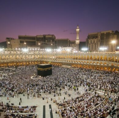 Muslim pilgrims circumambulate (walk around) the Kaaba after dawn prayer at Masjidil Haram in Makkah, Saudi Arabia. Muslims all around the world face the Kaaba during prayer time.