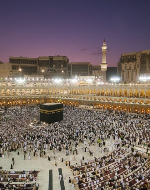 Muslim pilgrims circumambulate (walk around) the Kaaba after dawn prayer at Masjidil Haram in Makkah, Saudi Arabia. Muslims all around the world face the Kaaba during prayer time.